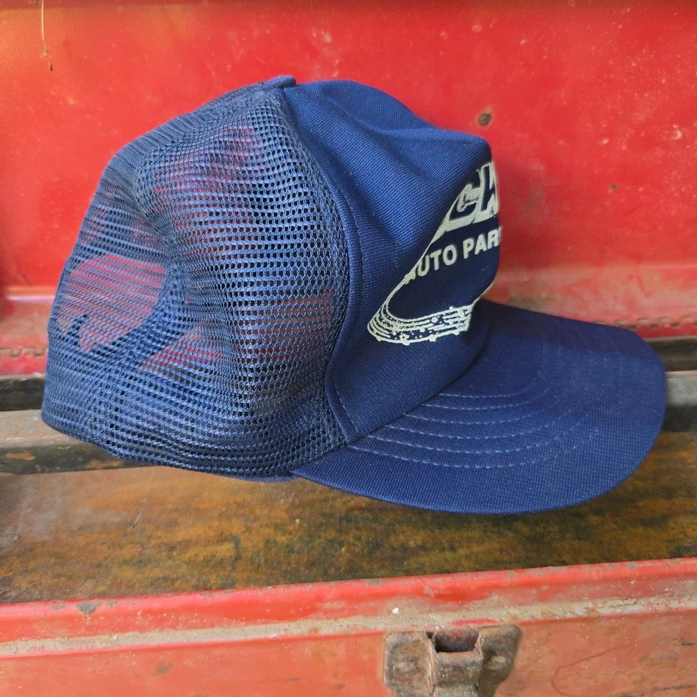 VTG Rocket Auto Parts Hat Navy Blue Mens OSFM Mesh Back Snapback Trucker Cap USA